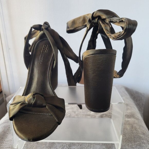 (NWT) ASOS Olive Green Satin Ankle Strap Block Heels Shoes (Size: 8) - Picture 7 of 10